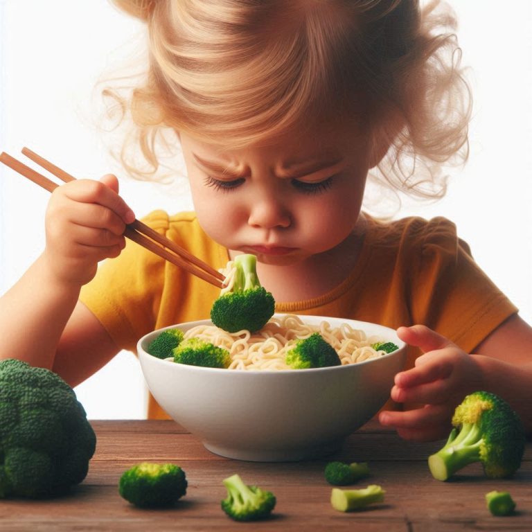 Little girl picking out broccoli from noodle bowl
