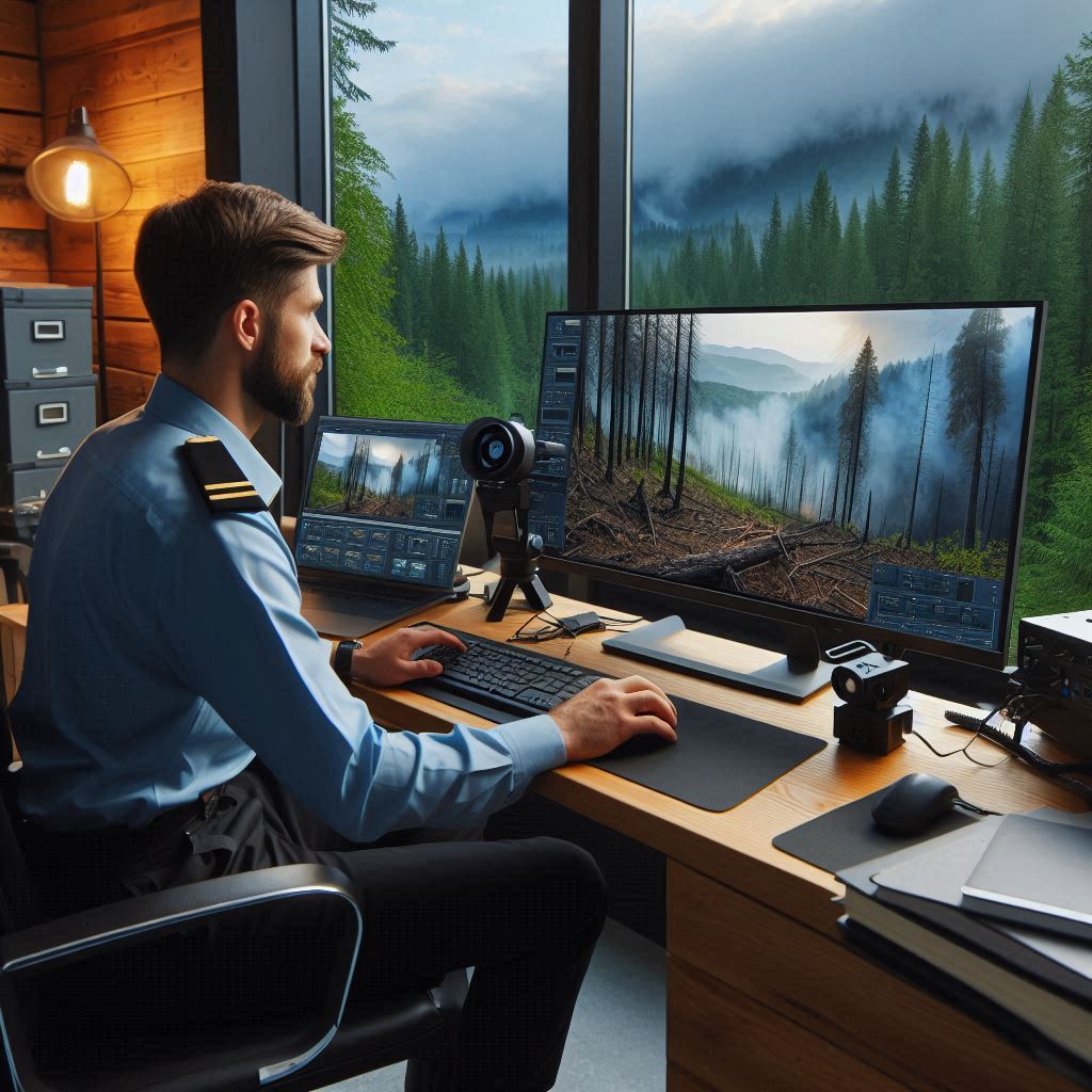 Fire monitoring officer controlling cameras